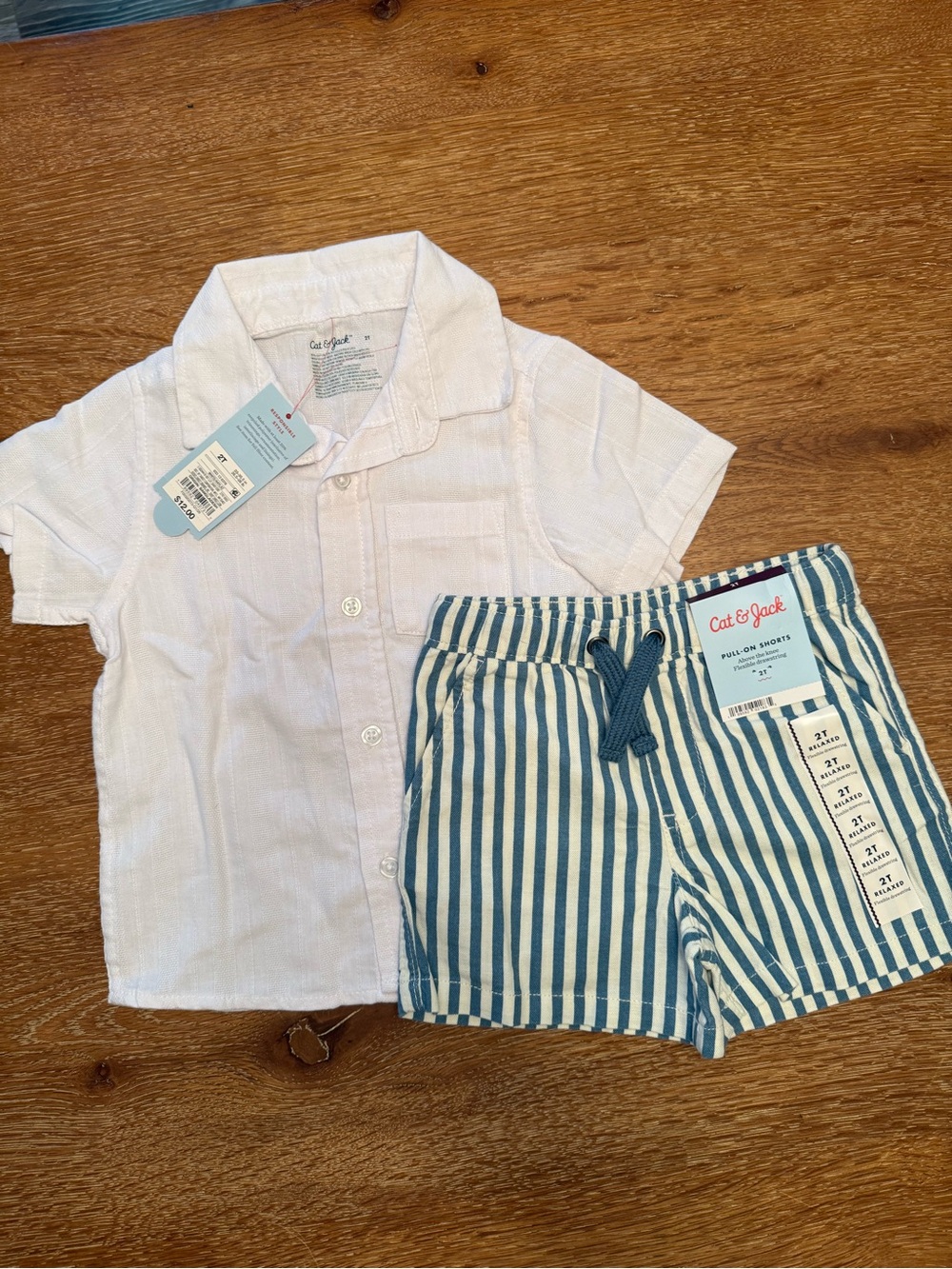 Cat & Jack White Button-Front Shirt with Blue Striped Pull-On Shorts